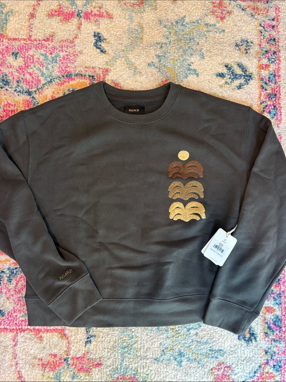 Roark Women’s Charcoal Crewneck with Brown and Gold Wave Embroidery